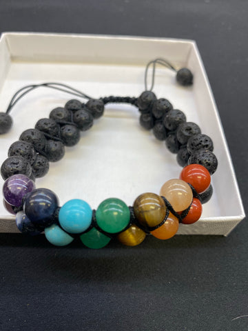 Adjustable Chakra Bracelet w/ Double Row Lava Beads.